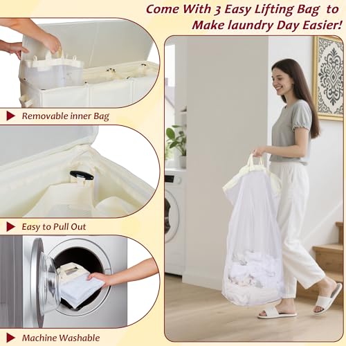 150L Laundry Hamper 2 Section, Large Laundry Hamper with Lid, Dirty Clothes Hamper with 2 Removable Inner Bags, Collapsible Laundry Basket Organizer for for Clothes Toys Towels, Hamper 2 Compartment - color: Beige, size: 150L