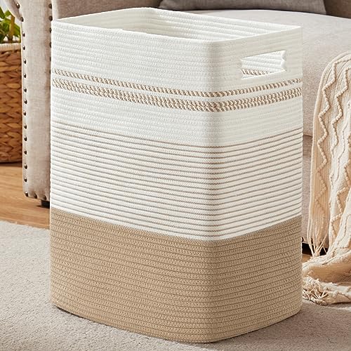 80L Large Cotton Rope Laundry Basket for Bedroom & Laundry Room, Tall Clothes Hamper with Sturdy Handles, Neutral Storage Bin Capable of Holding Blankets and Toys - color: Jute & White, size: 80L