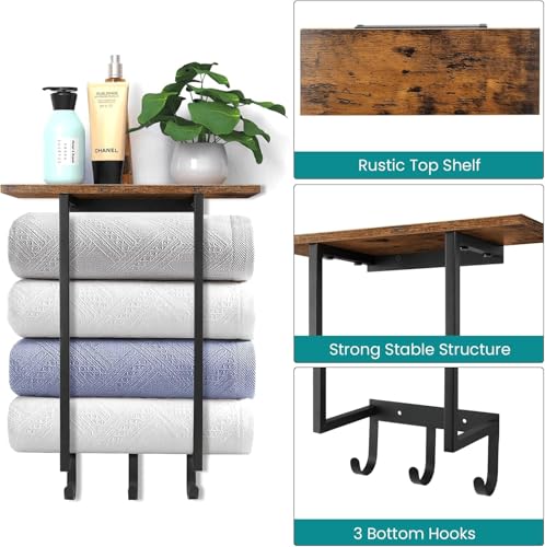ELITEROO Towel Racks for Bathroom Wall Mounted, Towel Holder with Wooden Shelf and 3 Hooks for Washcloths Hand Towel, Bath Towel Storage Organizer for Small Bathroom, RV, Rustic Brown - color: Rustic Brown