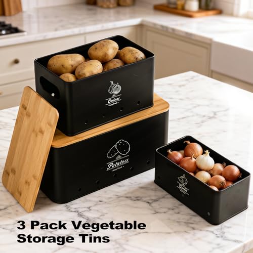Potato Onion and Garlic Storage Bin Set of 3, Black Metal Kitchen Vegetable Canisters with Bamboo Lid and Aerating Holes, Stackable Kitchen Storage Tin for Countertop Pantry - color: B - Black Vegetable Canisters