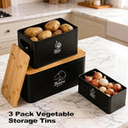Potato Onion and Garlic Storage Bin Set of 3, Black Metal Kitchen Vegetable Canisters with Bamboo Lid and Aerating Holes, Stackable Kitchen Storage Tin for Countertop Pantry - color: B - Black Vegetable Canisters
