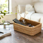 BTSKY Small Remote Basket for Coffee Table Entryway Living Room Rattan Serving Tray 9.6'' x 6.5'' Handwoven Wicker Baskets Decorative Tray for Wallet Remote Control Trinkets Rings Cosmetics Crackers - size: 9.6'' X 6.5'' X 3.1''