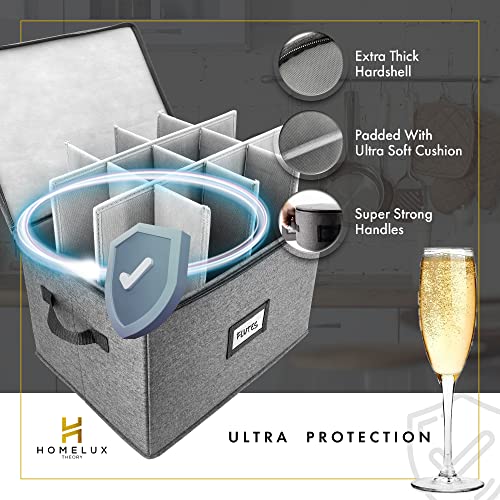 HOMELUX THEORY Champagne Flute Storage Box with Dividers, Hard Shell China Storage Containers, Heavy Duty Glassware Storage Box & Stemware Storage Container with Lid, Thick Surface, and Sturdy Handle - color: Dark Gray, size: 10. Champagne Flutes Storage
