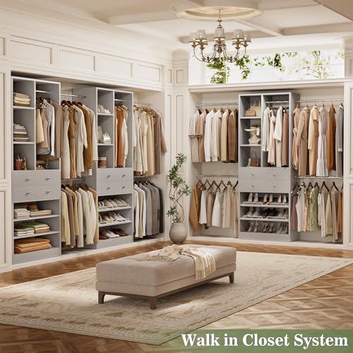 Besiost Closet System, Up to 134"/11.2 FT Closet Organizer with 4 Wooden Drawers and Shelves, Walk-in Closet System with 6 Hanging Rods, Built-in Closet Can Fit 96"/8FT, 120"/10FT, Morandi Grey - color: Morandi Grey, size: Style A: 77.6"—134"(W)
