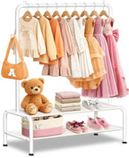 Kids Clothing Rack - Dress Up Clothes Rack - Baby Toddler Closet - Mini Freestanding Coat Racks with 2 Fabric Shelves - Small Kids Costume Wardrobe - Garment Rack for Hanging Clothes Organizer - color: White