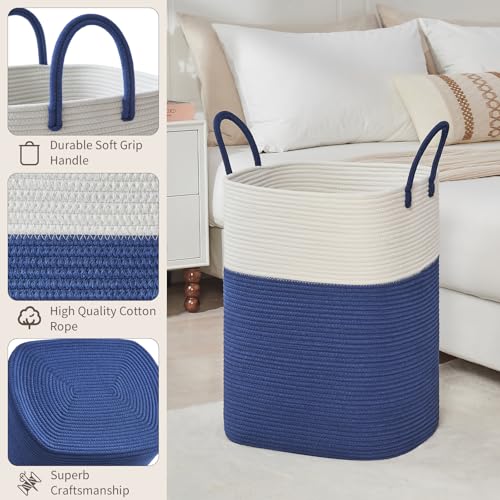AINUOQI Laundry Basket with Handles - Blanket Basket & Hampers for Bedroom Aesthetic, Laundry Hamper & Blanket Storage for Living Room, Clothes Hamper, Tall, Large 17" x 14" x 23”, White & Dark Blue - color: White & Dark Blue, size: 85L