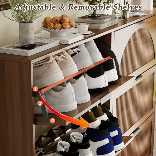 Shoe Storage Cabinet with 6 Flip Drawers, Narrow Wood Shoe Organizer Cabinet with Fluted Panel, Slim Shoe Rack for Entryway, Freestanding Shoe Cabinet for Living Room, Hallway, Walnut - color: Walnut, size: 6-Drawers