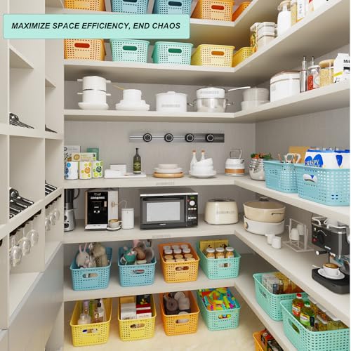 Plastic Storage Basket for Organizing 12 Pack Small Colored Storage Bins Container for Shelves, Colorful Shelf Baskets with Handles for Organization - color: Colorful