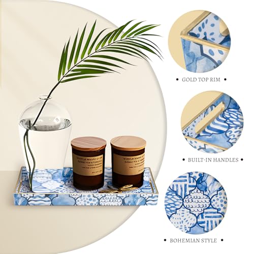 MAONAME Plastic Vanity Tray, Bathroom Counter Tray, Decorative Trays with Handles, Storage Dresser Trays Organizer for Toilet Tank, Jewelry, Makeup, 13.8" x 6" x 1.57" - color: Bohemian-1