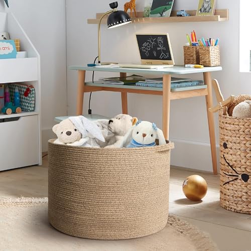 MEGASKET Large Wicker Storage Basket, 22” X 22” X 14” Woven Cotton Rope Basket, Kids Dog Toy Bin Organizer, Blanket Pillow Holder for Living Room, Brown Variegated Wicker Baskets for Organizing - color: Brown Variegated, size: 22"x22"x14"