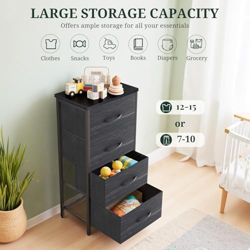 Nightstand, 4 Drawer Dresser End Table Bedside Furniture with Wooden Top Steel Frame Fabric Bins for Bedroom, Closet, Entryway, Dorm, Living Room, Charcoal Black - color: Charcoal Black, size: 11.8"D x 17.7"W x 37.4"H (4 Drawers)