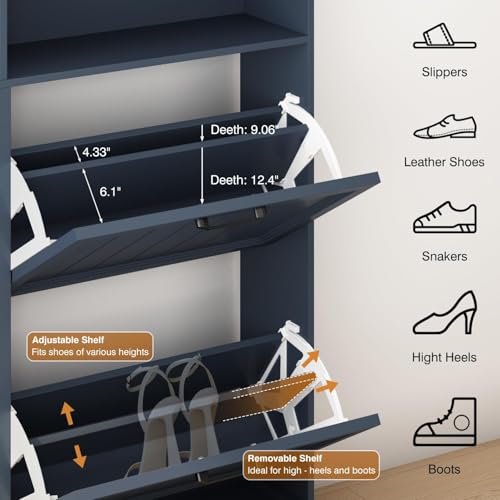 Shoe Storage Cabinet with 4 Flip Drawers, Farmhouse Modern Hidden Shoes Rack Cabinet with Adjustable Shelves & Open Storage, Narrow Slim Shoe Organizer for Front Door Entrance, Entryway, Navy Blue - color: Navy Blue, size: 4-Drawers