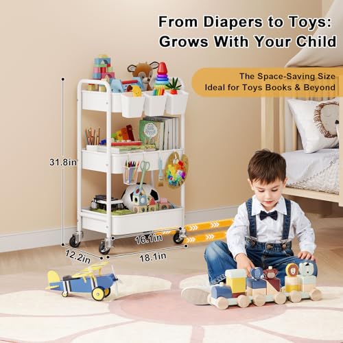 Diaper Cart Organizer with Wheels, 3 Tier Rolling Bedside Cart for Baby Essentials, Baby Organizers and Storage Diaper Caddy Carts for Changing Table, Crib, Bedroom, Newborn Nursery Supplies, White - color: White, size: 3-Tier + Cups + Hooks