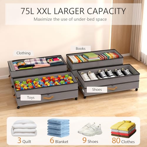 Under Bed Storage with Wheels 2-Pack, 75L XXL Under the Bed Storage Containers Large, 12" Tall Adjustable Storage for Underbed with Lids, Rolling for Clothes, Shoes, Blankets (Grey) - color: Grey