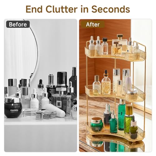 Ceruaxb 3-Tier Corner Bathroom Counter Organizer, Plastic Countertop Makeup Organizer, Large Capacity Vanity Bathroom Perfume Shelf Rack for Kitchen Office Desktop (Amber) - color: Amber