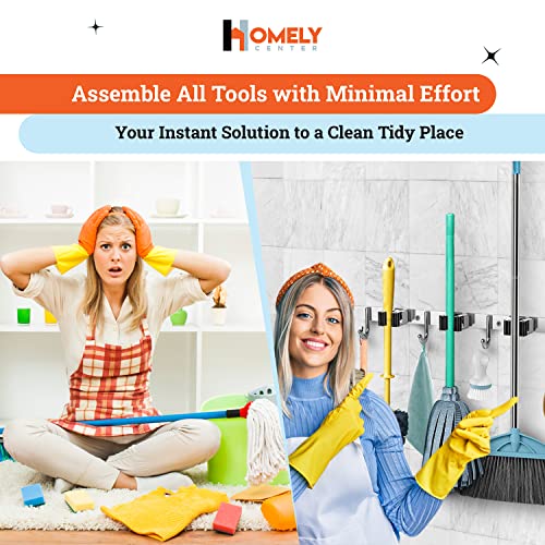 Homely Center Mop and Broom Holder Wall Mount – Heavy-Duty Closet Organizer for Garage, Kitchen, Laundry Organization – Tool Hanger with 3 racks and 4 hooks