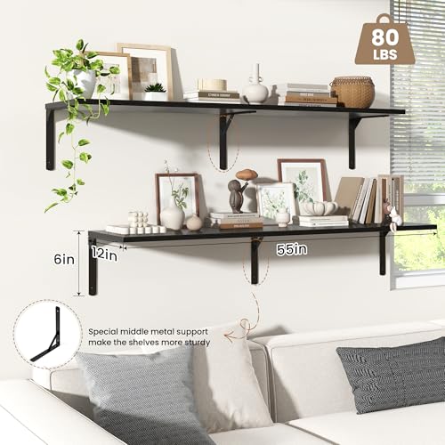 Fun Memories Floating Shelves for Wall, 12 Inch Deep Floating Shelves Set of 2, Wall Mounted Shelf with Metal Brackets, Rustic Wood Wide Shelf for Bathroom, Kitchen and Living Room, Black, 55W x 12D - color: Black- L Bracket, size: 55"W x 12"D