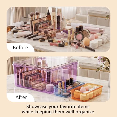 MOSSRIVER 4 Pack Clear Drawer Organizer Set, Plastic Desk Organizer Bin with Lid & Trays, Colorful Storage Box with Removable Trays for Cosmetics, Jewelry, Bedroom, Bathroom, Office, Combo 11 - color: Color 11