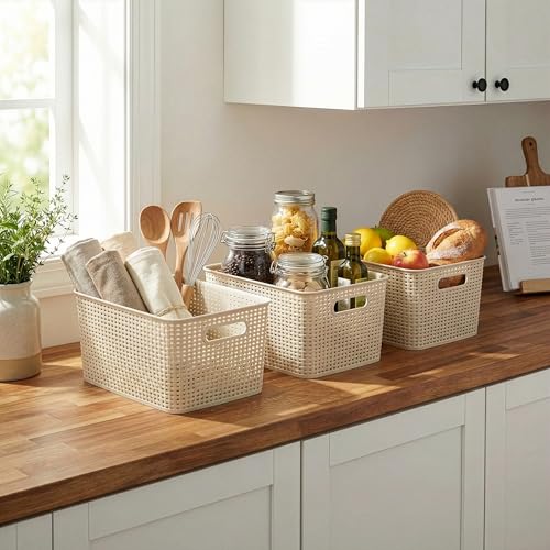 BINO | Plastic Storage Baskets, 22 Liter - 3 Pack, Natural | THE WOVEN COLLECTION | Storage Basket for Shelves | Woven Storage Baskets for Organizing Bins | Pantry Shelf Organizer | Container Bin - color: Natural, size: 22L | 3-Pack