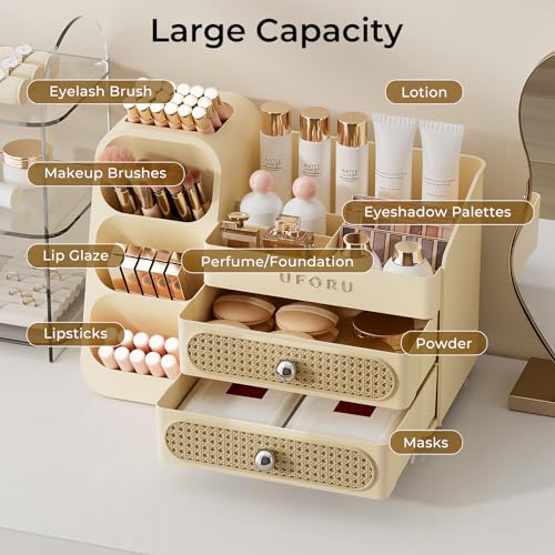 Makeup Organizer for Vanity with Brush Holder, Large Plastic Bathroom Countertop Skincare Organizer with 2 Drawers, Spacious Cosmetic Display Case for Perfumes, Eyeshadow Palettes, Nail Polishes - color: Beige, size: Large