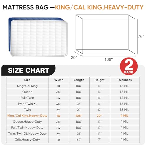 2 Pack Heavy-Duty 4 Mil King/Cal King Mattress Bag for Moving and Storage, Clear Plastic Mattress Cover, Fits Up to 20” Thick - size: King/Cal King,2 Pack, style: Heavy-Duty Protection (4 Mil Thick)