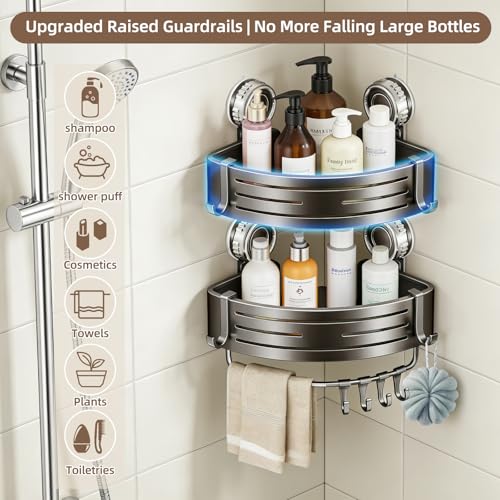 Corner Shower Caddy,Suction Cup Shower Bathroom Wall Shelf,No Drill Rust Proof Aluminum Organizer with Hooks,Floating Rack for Inside (Suction Cup Corner Shower Caddy,2 Tier,Gray) - style: Suction Cup Corner Shower Caddy ,2 Tier ,Gray