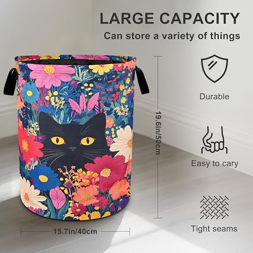 Black Cat Floral Laundry Basket Foldable Oxford Cloth Tote Bag Laundry Hamper Clothes Storage Bucket Organizer For Bathroom/Laundry Storage/Bedroom 19.6x15.7 Inch - color: Black Cat Floral
