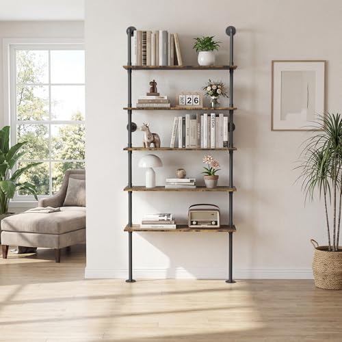 Merapi Rustic Industrial Bookshelf, 78.6" Tall 5-Tier Storage Shelf with Solid Wood & Metal Frame, 9.8" D x 35.4" W for Living Room, Office, Bedroom Farmhouse Display - style: 5-tier Vintage Industrial