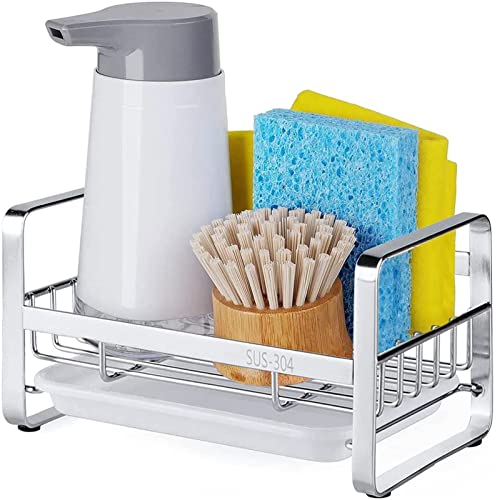 HULISEN Kitchen Sink Sponge Holder, 304 Stainless Steel Kitchen Soap Dispenser Caddy Organizer, Countertop Soap Dish Rack Drainer with Removable Drain Tray, not Including Dispenser and Brush - color: Silver, size: Medium