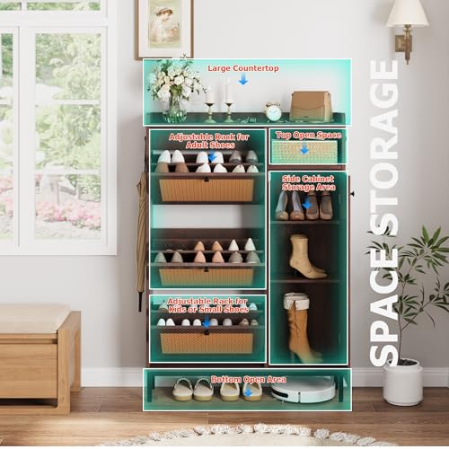 GarveeHome Shoe Cabinet Rattan with 3 Flip Drawers and 4-Tier Shoe Storage Cabinet, Freestanding Shoe Organizer with Adjustable Shelves for Entryway, Closet, Hallway - color: Deep Cherry, size: 3-Drawers + 1-Door