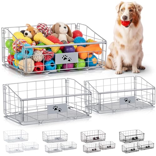 Mimorou 3 Pack Metal Dog Toy Baskets Multi-sized Foldable Dog Toy Bins Box Storage Container Organizer for Living Room Area Decorative Pet Accessories Coat Clothing Storage Holder Baskets(Silver) - color: Silver