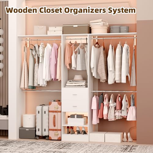 Closet System, Closet Organizer System With 2 Wood Drawers, Walk-In Closet Storage System With 5 Hanging Rods, Adjustable Cloth Garment Rack, Fits Spaces 4 to -9FT, White - color: ‎2 drawer 3 shelve, size: 1 PC