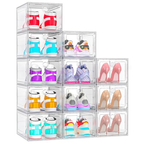 ARSTPEOE 12 Pack Upgrade Harder Shoe Organizer, Shoe Storage with Magnetic Front Door, Clear Shoe Boxes Foldable Space-Saving Shoe Rack for Sneaker Boot Container, White - color: White, size: Upgrade 12 Pack