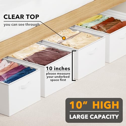 SpaceAid 4 Pack 10" High Under Bed Storage Containers, Large Underbed Storage Organizer Bins with Lids for Bedroom, Dorm, Clothes, Closet Organization, Bed Sheets and Blankets (White) - color: White