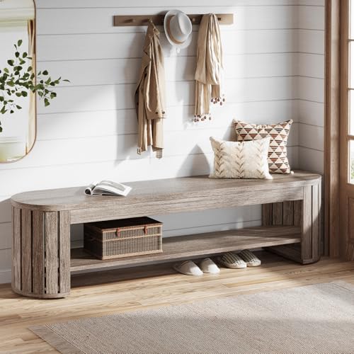 Tribesigns 63" Wooden Entryway Bench with Shoe Storage, Long 2-Tier Narrow Shoe Bench with Arc Vertical Slat Splicing Legs, End of Bed Stool for Bedroom, Entrance, Living Room (Beige Gray) - color: Beige Gray