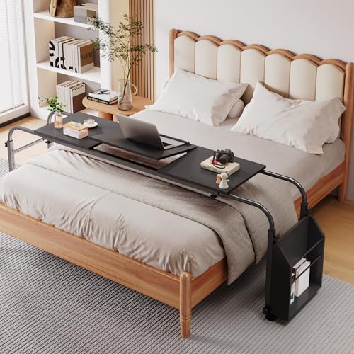 Arlopu Overbed Table with Wheels,60.6-84.2 inches Mobile Bed Desk,Rolling Computer Desk, Laptop Cart,W/0-65°Tilt Stand,4 Heights and 6 Lengths,Side Storage Basket,for Home,Office and Hospital (Black) - color: Black