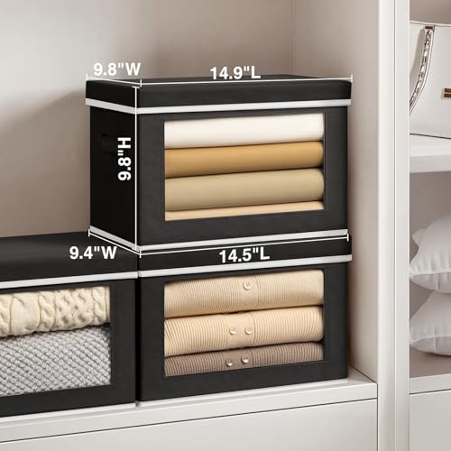 Homsorout Cube Storage Bins with Lids, Clear Window Storage Baskets for Organizing, Fabric Organizer Bins with Handle, Cloth Storage Bins for Shelves, Closet, Clothes, Towels, 4 Packs, Black - color: Black, size: L(4-Pack)