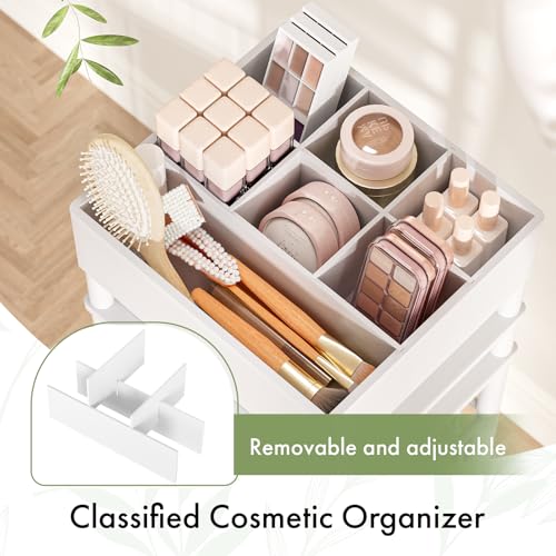 Amazer Bamboo Makeup Organizer Cart with 3 Drawers, Floor Skin Care Storage for Bathroom Bedroom, Rolling Vanity Organizer Cart for Cosmetic, Nail Polish, Perfume and Hair Tools, White - color: White