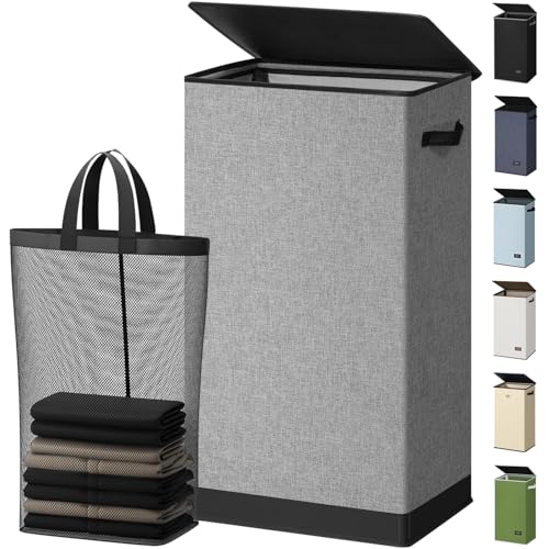 SOLEDI Laundry Hamper with Lid 100L Large & Tall Collapsible Laundry Basket, Clothes Hamper with Bag Removable Easy to Carry, Dirty Hampers for Bedroom, Bathroom, Dorm, College, Grey - color: Grey, size: 100L