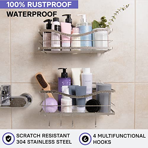 KINCMAX Premium Shower Caddy, Self Adhesive Wall Shower Organizer, 2-Pack No Drill Bathroom Shelves, Rustproof Stainless Steel Shampoo Holder, Storage Rack, Silver - color: Polished Silver, size: 2-Pack Caddies