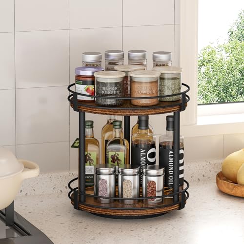 Snughome Rotating Spice Rack, 2 Tier Lazy Susan Organizer, Wood Kitchen Countertop Organizer, Brown Lazy Susan Turntable for Cabinet, 10.2" x 10.2" x 10.4" - color: Rustic Brown, size: 10.2" x 10.2" x 10.4"