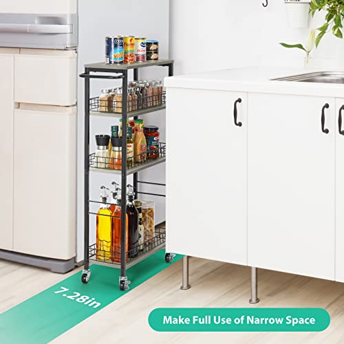 YBING Slim Storage Cart 4 Tier Narrow Rolling Cart on Wheels Mobile Kitchen Narrow Cart with Wooden Tabletop Grey Slim Utility Kitchen Storage Cart with Handle for Living Room 7.3''Wide - color: Grey