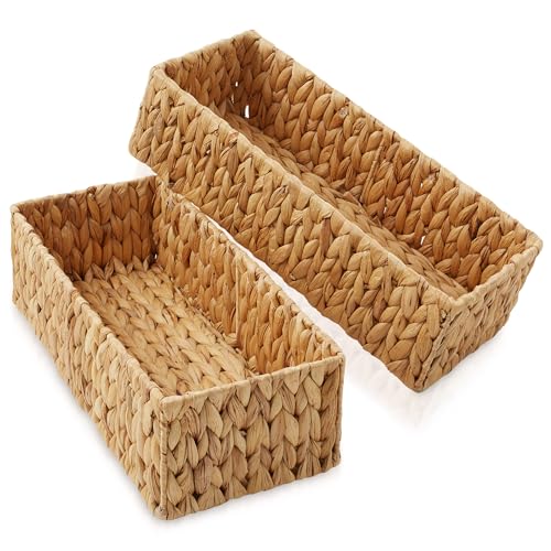 Casafield Set of 2 Bathroom Storage Baskets, Natural - Water Hyacinth, 16" W x 6.75" D x 4.25" H, Woven Toilet Tank Topper Bins for Organizing Tissues, Toilet Paper, Toiletries, Shelves - color: Natural - Hyacinth, size: 16" x 6.75" x 4.25"