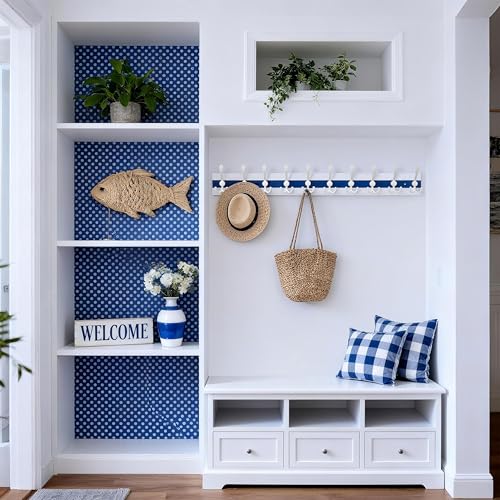 SKOLOO Coastal Wall Mounted Coat Rack - 38-1/8" Beach House Entryway Wooden Coat Hook with 10 Hooks for Hanging Coats, Hats or Towels, Oceanfront Cottage Core Collection, White & Blue - color: Blue & White Plates & White Hook, size: 1 Item-10 Hooks