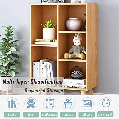 IOTXY Wooden Open Shelf Bookcase - 3-Tier Floor Standing Display Cabinet Rack with Legs, 5 Cubes Bookshelf, Pear Yellow - color: Pear Yellow, size: 50CM