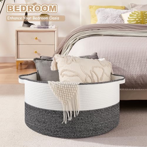 OIASKET Large Blanket Basket with Handles, 22.8" x 22.8" x 13" Woven Storage Basket for Living Room, Cotton Rope Baby Toy Storage for Clothes, Pillows, Towels-Black & White - color: Black and white, size: 90L