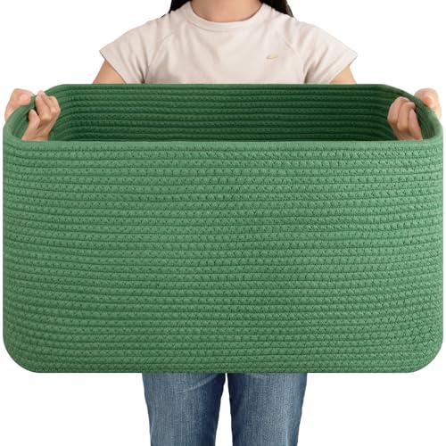 OIAHOMY 75L Large Blanket Basket, Woven Cotton Rope Baskets for Organizing 22”x17”x12”, Blanket Basket living Room, Toy Storage Bins for Nursery, Green - color: Green, size: 22”x17”x12”