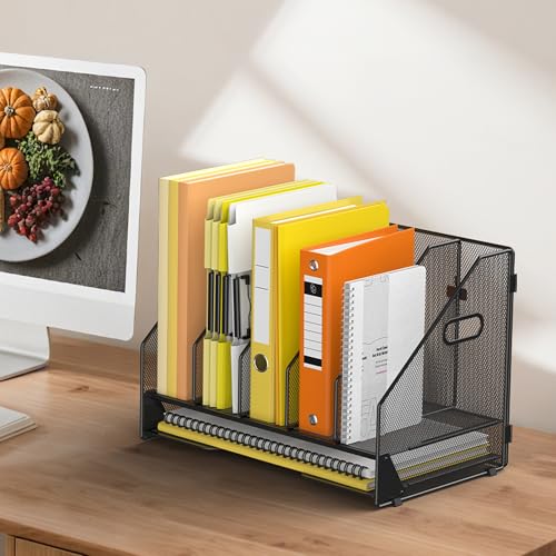 Docnest Desk File Holder Sorter, 5 Vertical Compartments Rack with Letter Tray, Mesh Magazine File Holder with Handle,Workspace Organizers,Desk Organizers for Paper, Mail, Documents-Black - color: Black-5 Compartments