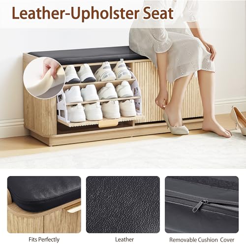 Fluted 3-Tier Entryway Shoe Bench with Drawers and Adjustable Shelves, 43.3'' Wide Shoe Storage Bench with Cushion Seat for Entrance, Hallway, Living Room, End of Bed - Natural - size: Drawer-natural
