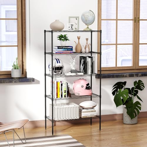 BestOffice | 5-Tier Wire Storage Shelves with Wheels | 14 x 30 x 61 | Black | with Adjustable Racks | Heavy-Duty Metal Shelf, Holds Upto 1250 lbs | No-Tool Assembly | Ideal for Home & Garage Shelving - color: Black, size: 14"D x 30"W x 61"H